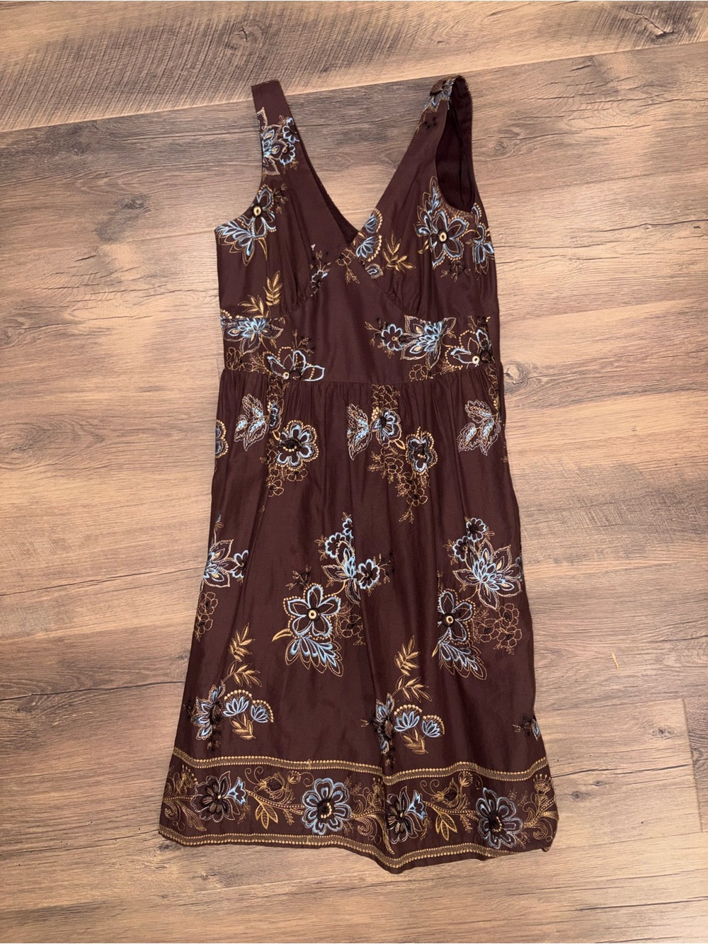 Sheri Martin Brown Floral V-Neck Dress with Blue and Tan Accents